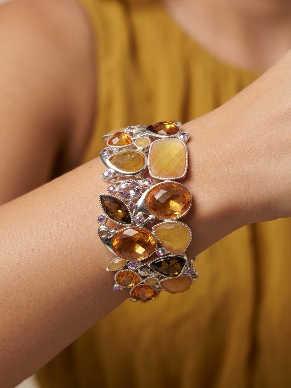 Amber Citrine Yellow Multi-Stone Stretch Cuff Bracelet | Silver-Tone Statement